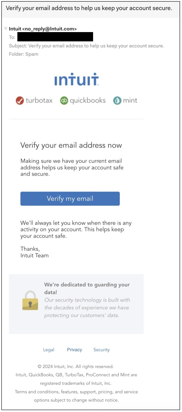 Mobile'da Intuit Kimlik Yardım E -postası