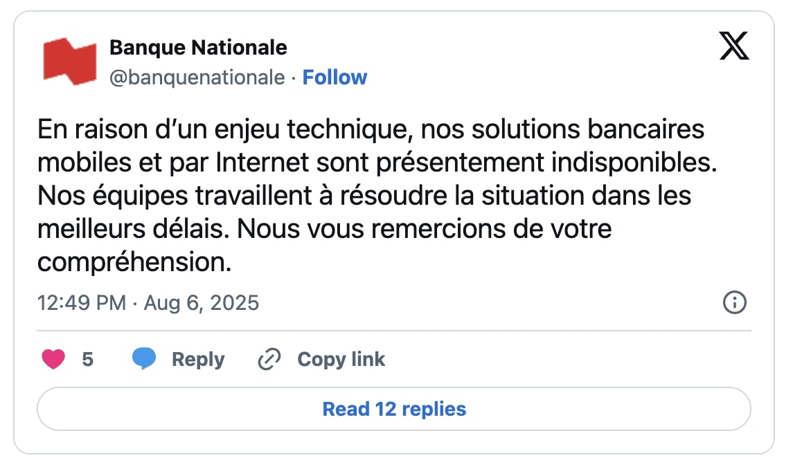 NBC tweeted about the outage (Français)