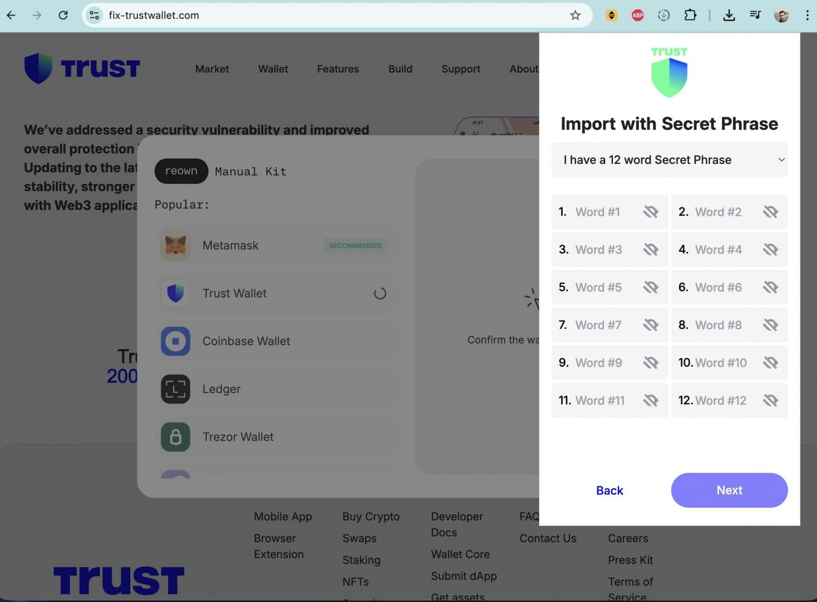 Illicit fix trustwallet site collecting wallet seed phrases