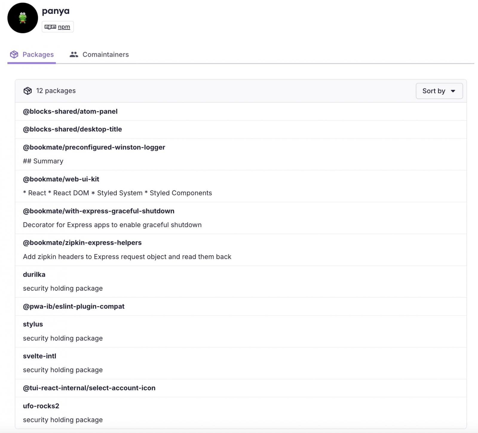 Socket security page for npm account panya