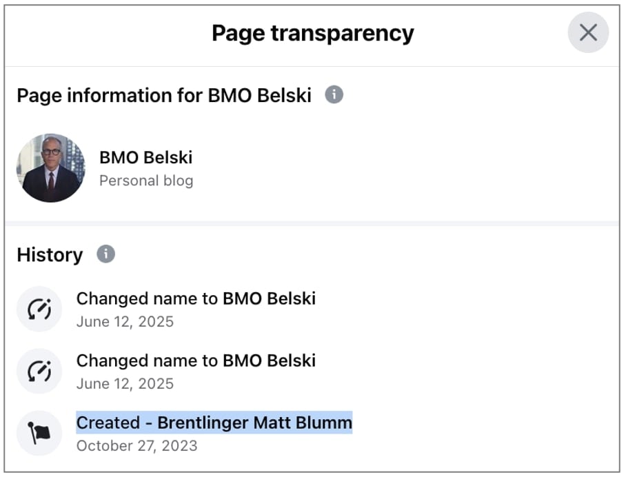 BMO Belski Facebook page was previously called 'Brentlinger Matt Blumm'