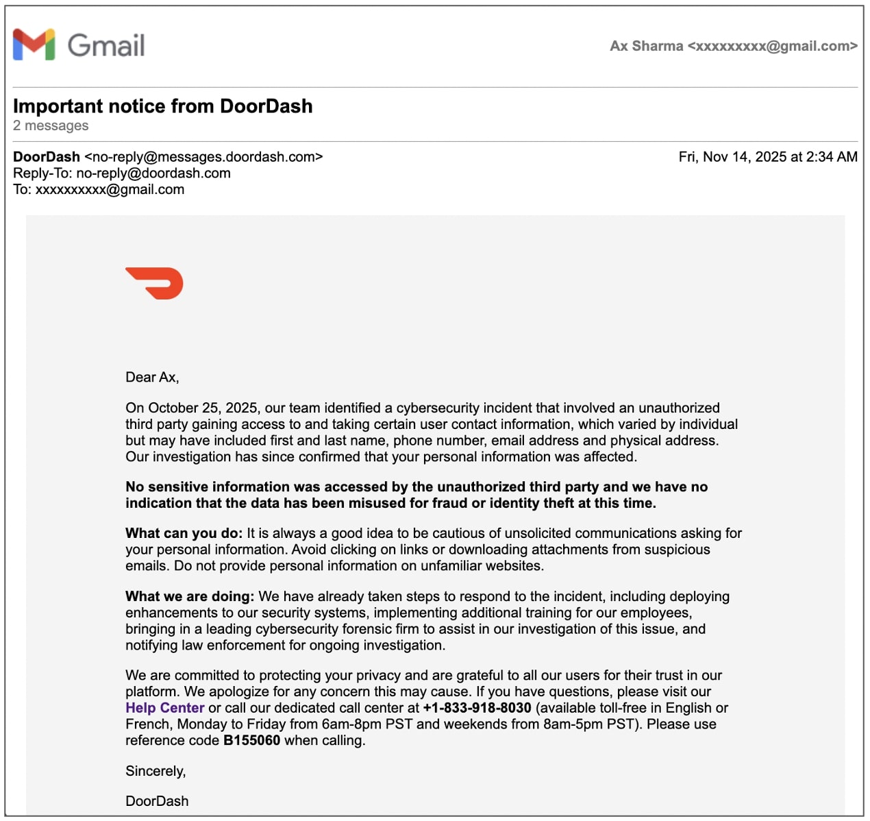 Ekim ayındaki güvenlik olayını açıklayan DoorDash e-posta bildirimleri