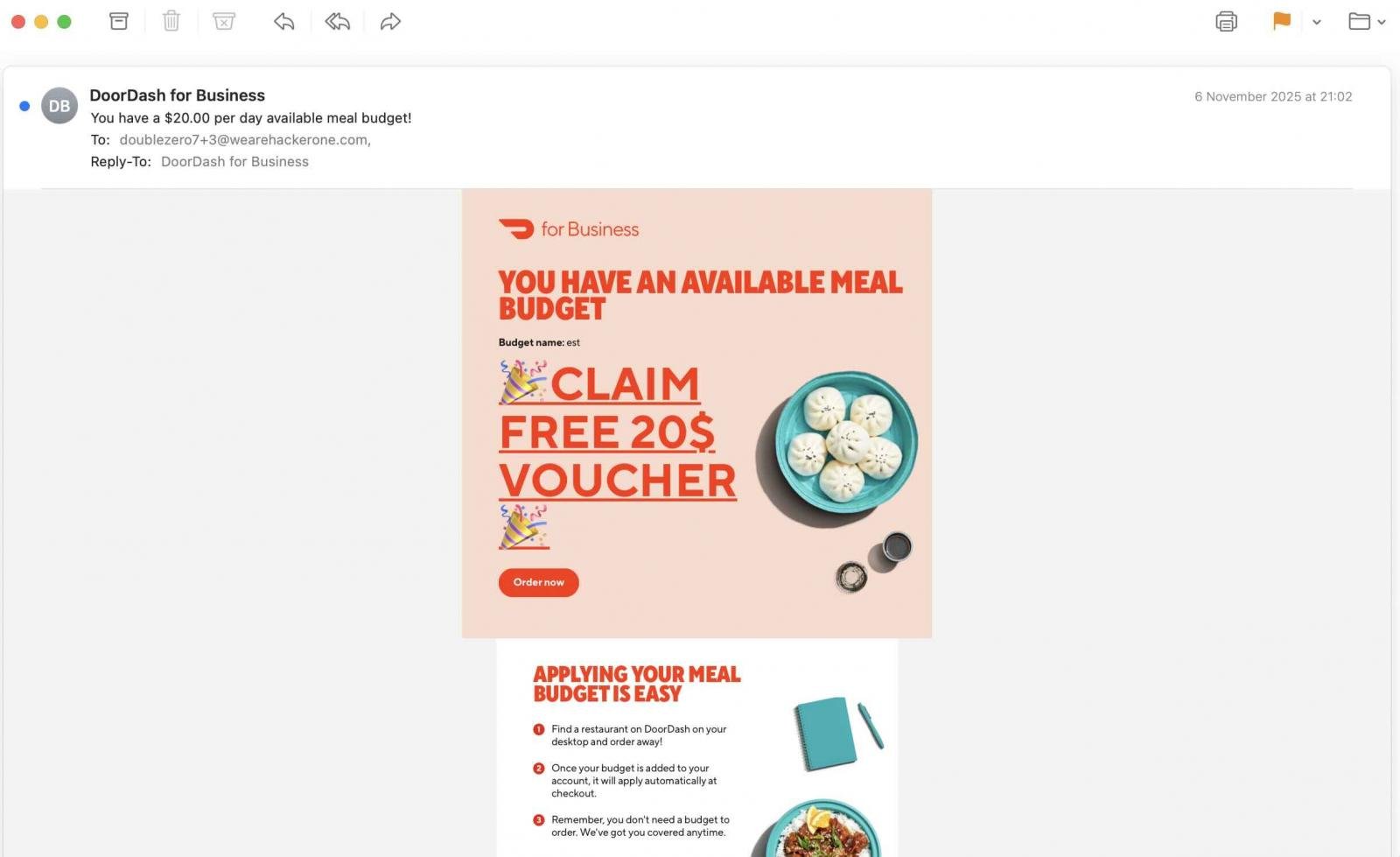 DoorDash email spoofing vulnerability sparks messy disclosure dispute 3 Crafted email sent via DoorDash's official servers