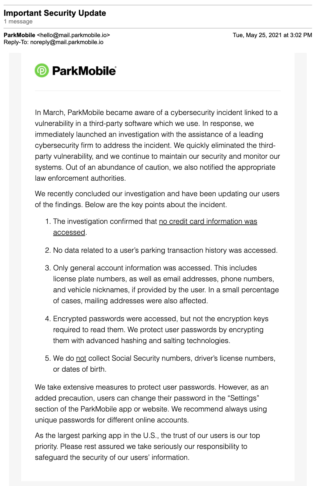 ParkMobile 2021 email notification after incident