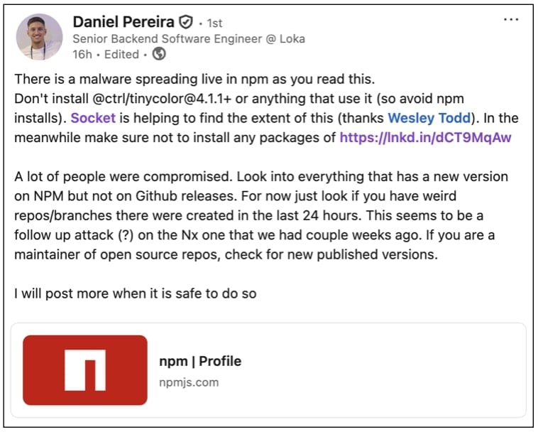 Pereira's LinkedIn post alerting everyone to ongoing npm supply chain attack