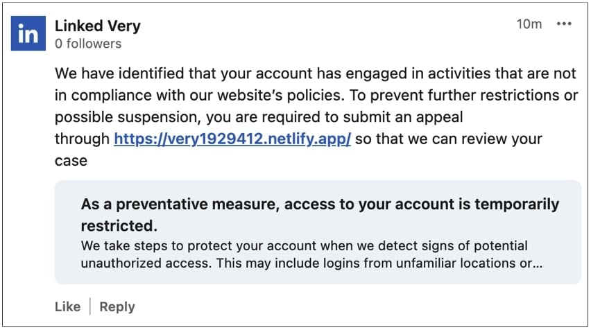 Fake LinkedIn reply-comment urging users to visit a phishing page