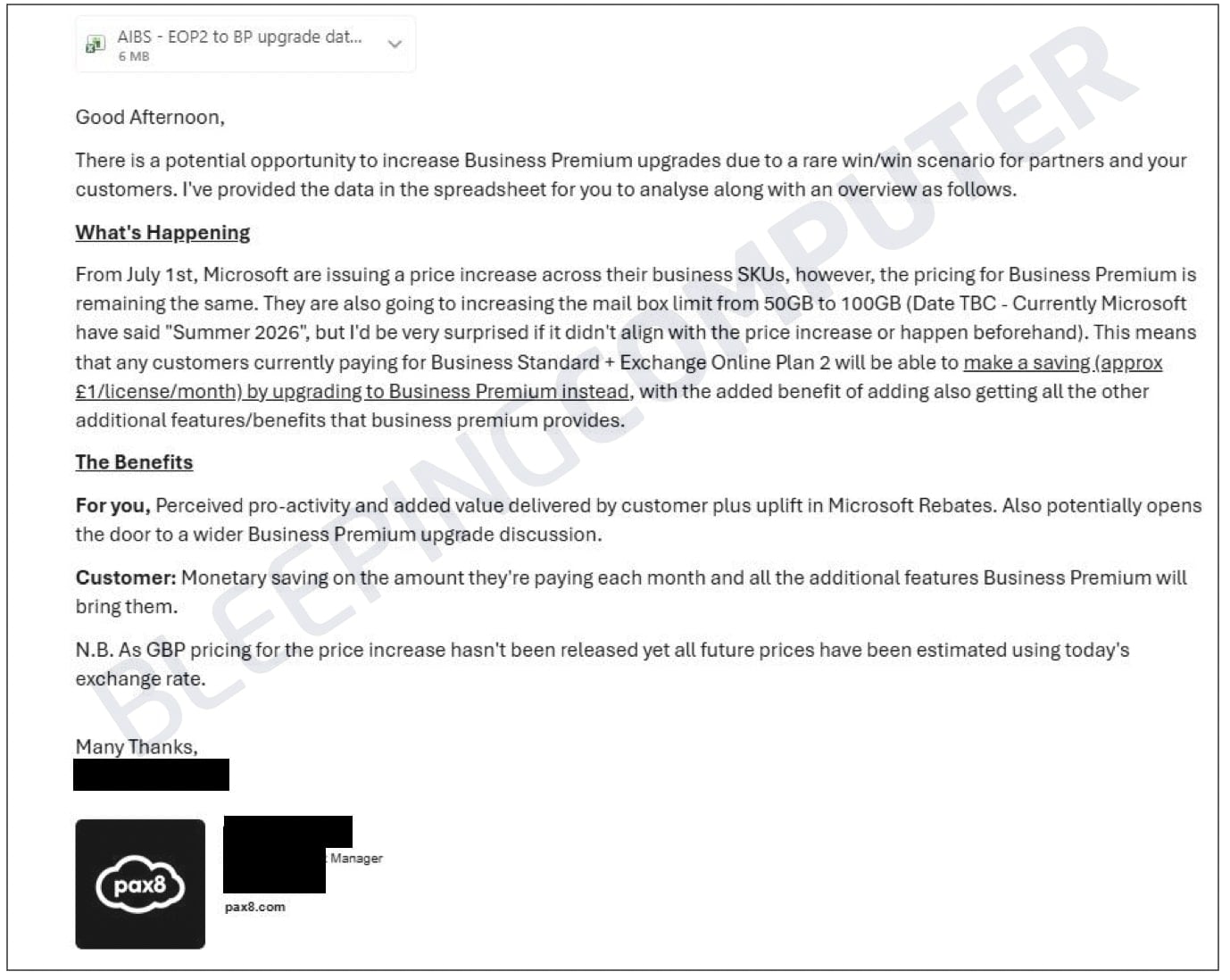 Pax8 email sent to MSPs containing the spreadsheet