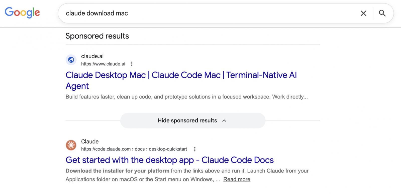 Google's sponsored search result for 'claude download mac'