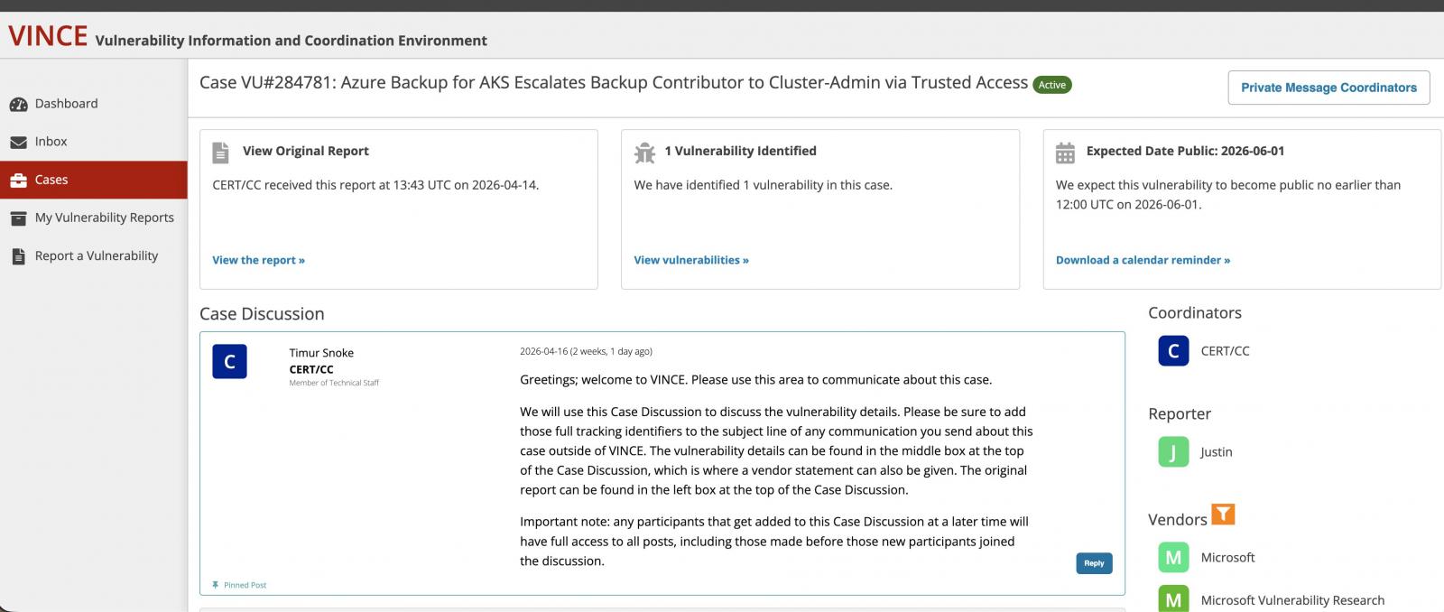 CERT assigning the flaw a disclosure date and tracking identifier