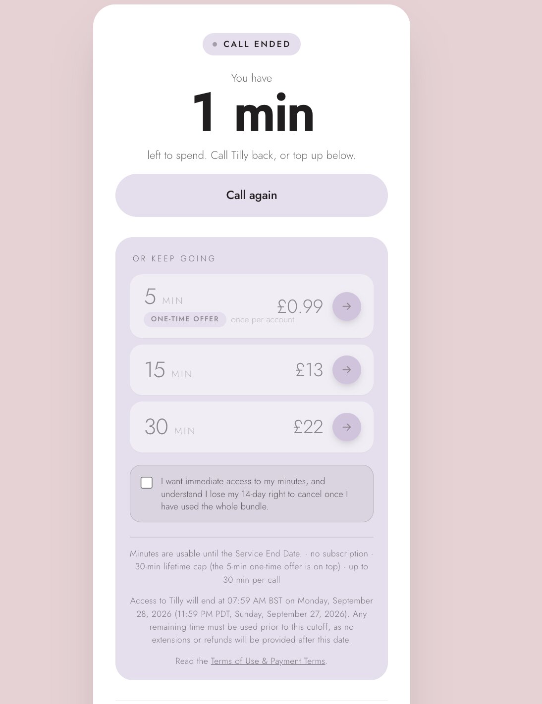 Talking Tilly offers five free minutes before asking users to pay