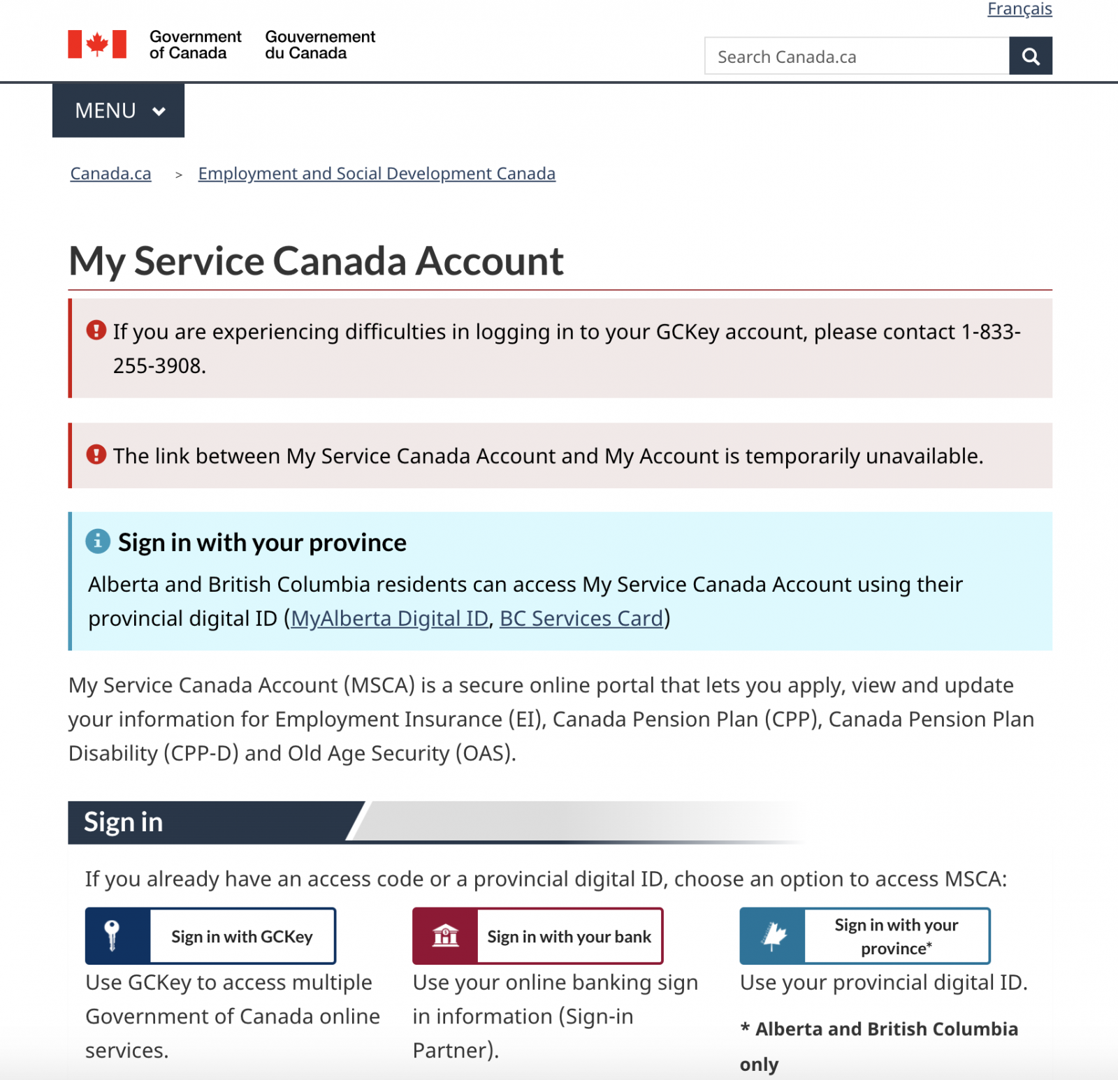 Canadian government services allowing multiple sign-in routes