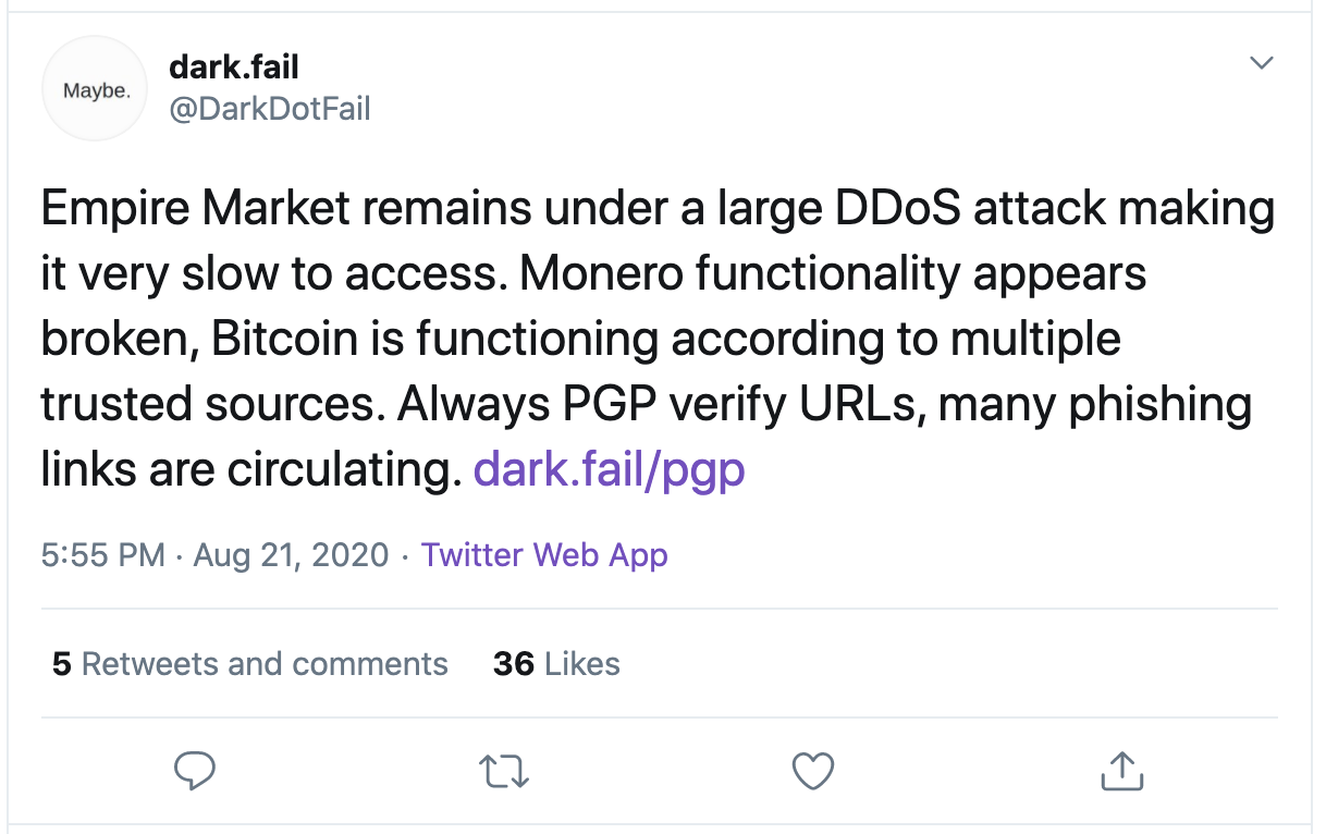 Twitter reports of Empire Market down
