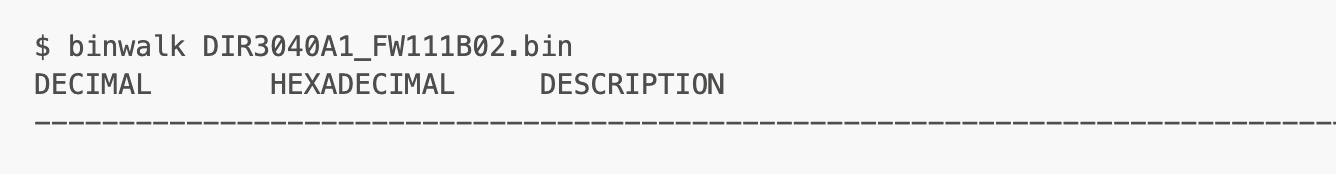Binwalk's output for the encrypted D-Link firmware binary