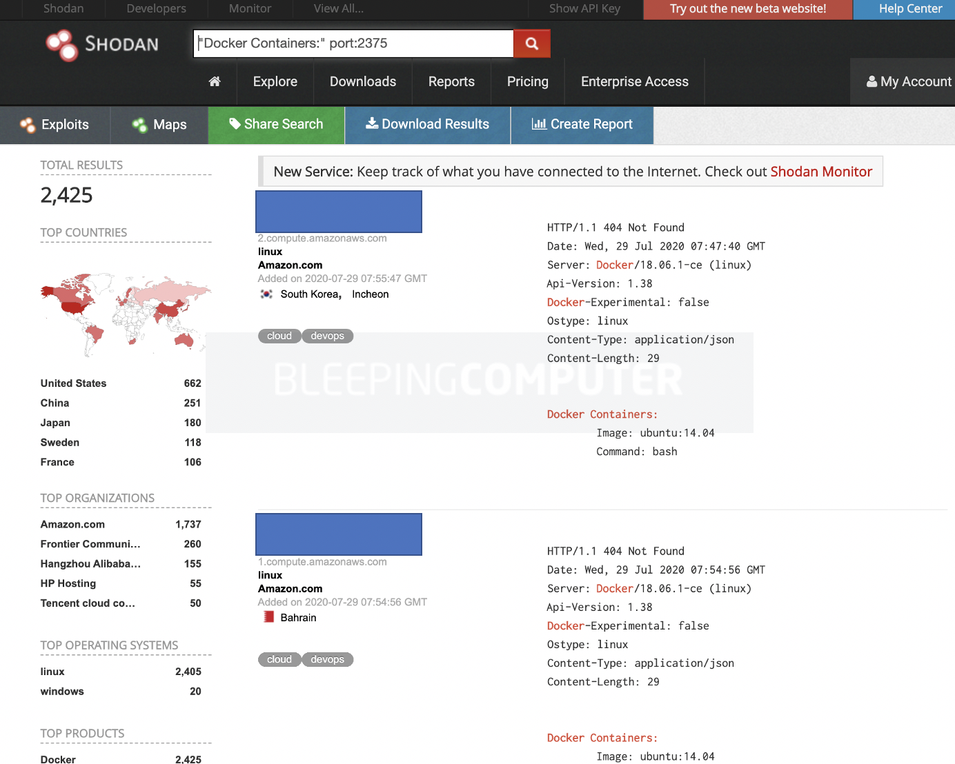 Exposed Docker instances showed by Shodan