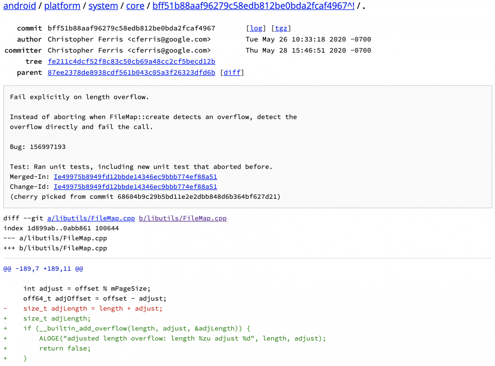 fix commit for CVE-2020-0409 android flaw 
