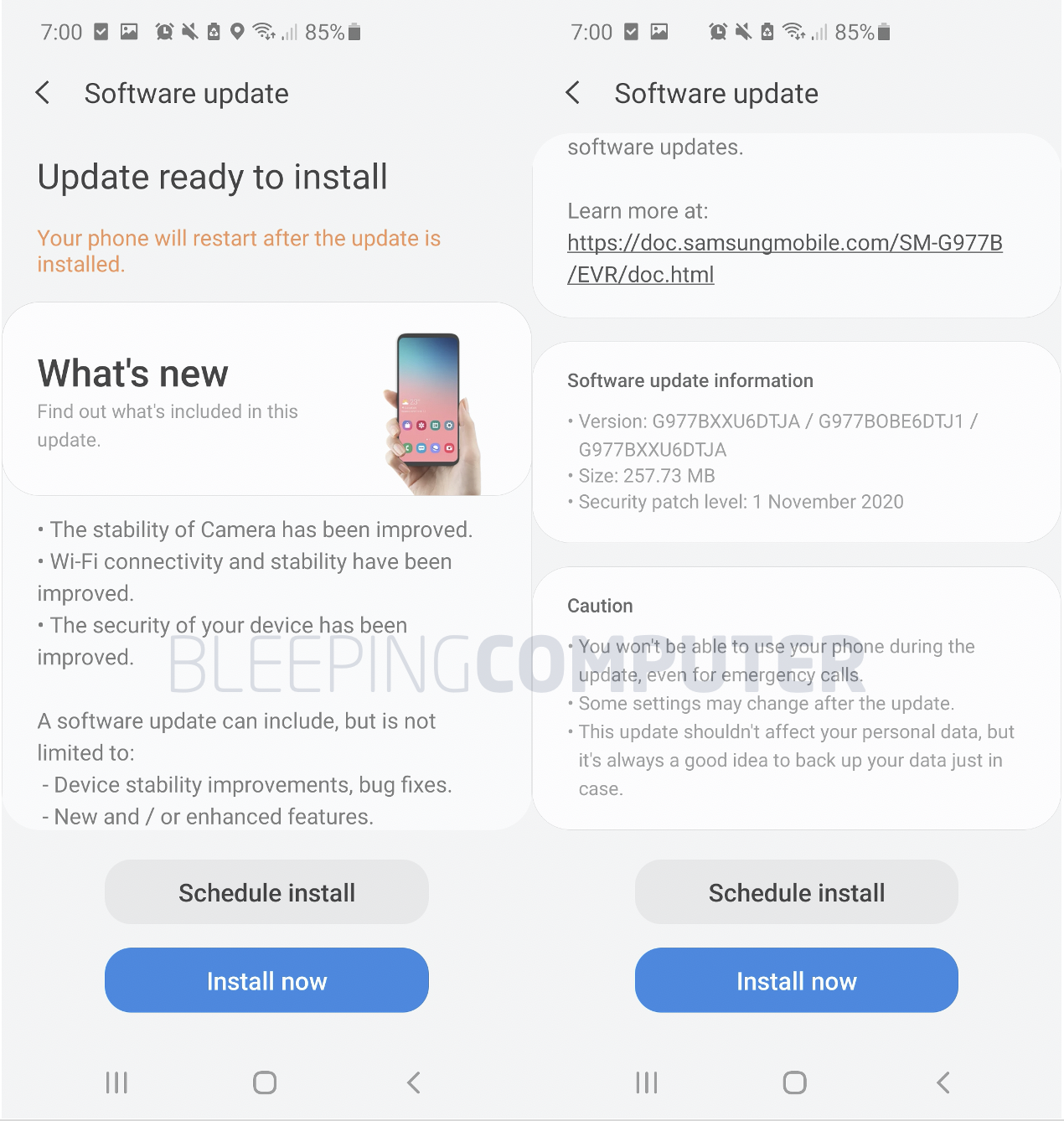 Samsung Galaxy Android November 2020 updates