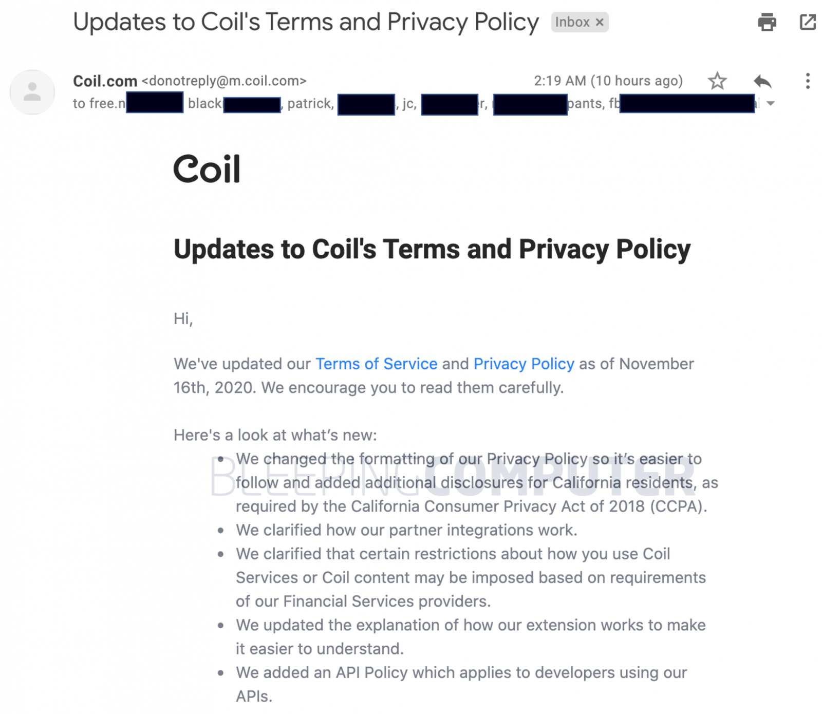 coil leaks emails in privacy policy updates newsletter