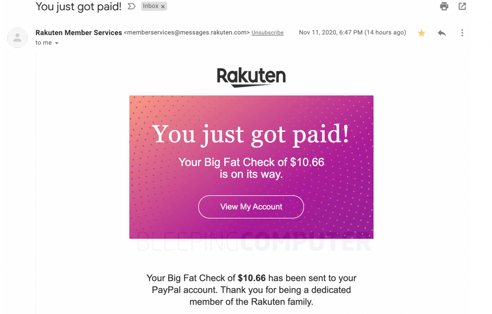Rakuten email sent Nov 11, 2020