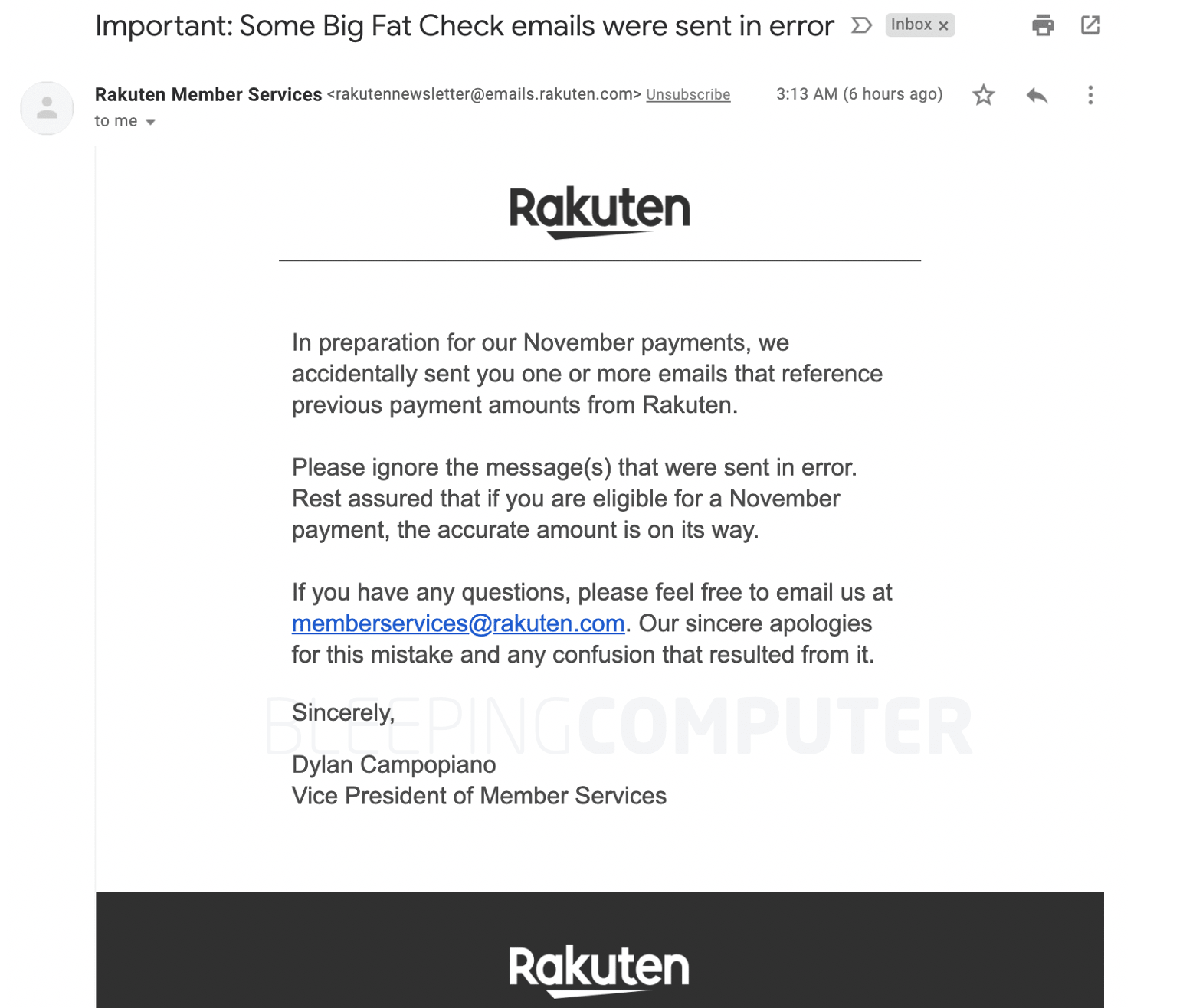 Rakuten apologizes for email error