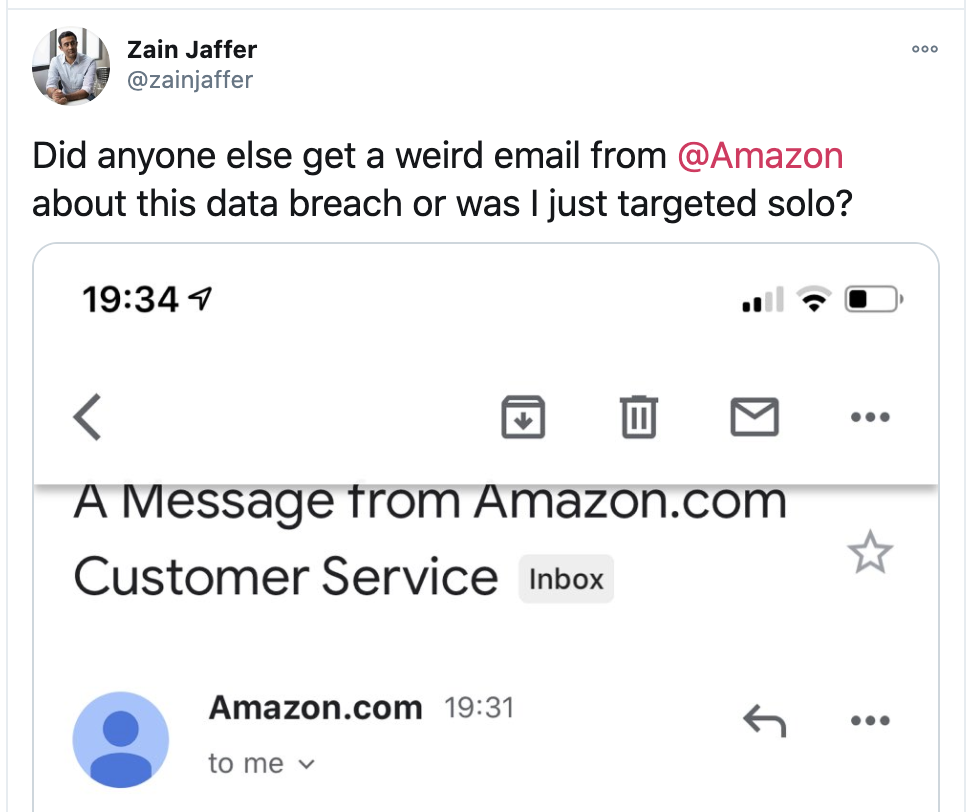 Twitter: Customers receive amazon breach emails