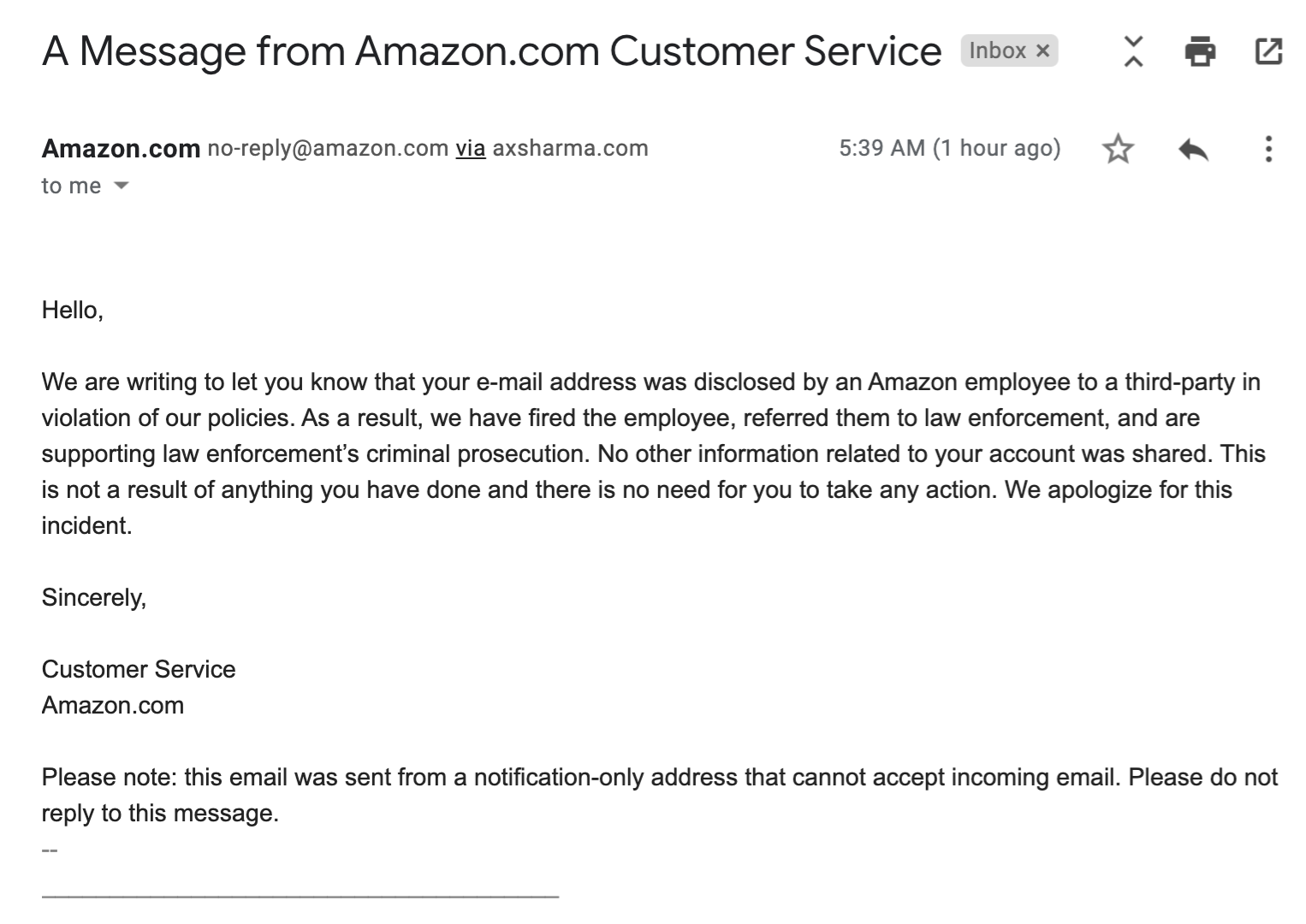 Amazon fires employee email
