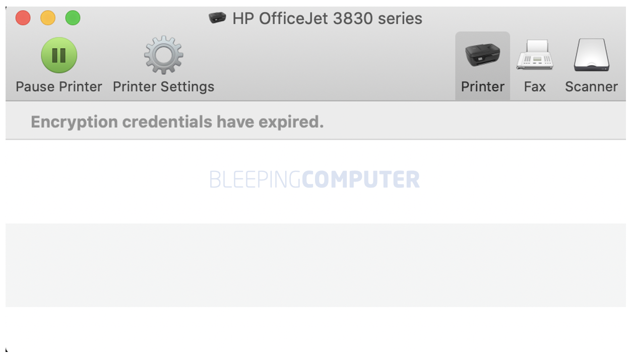 MacOS X print queue with encryption credentials expired message.