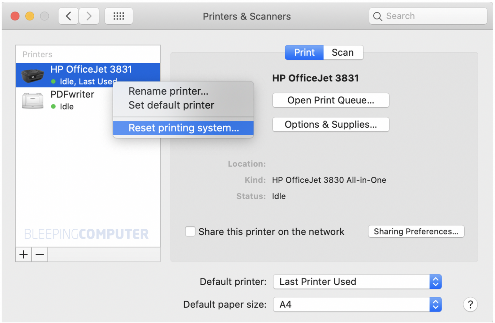 macos x reset printing system