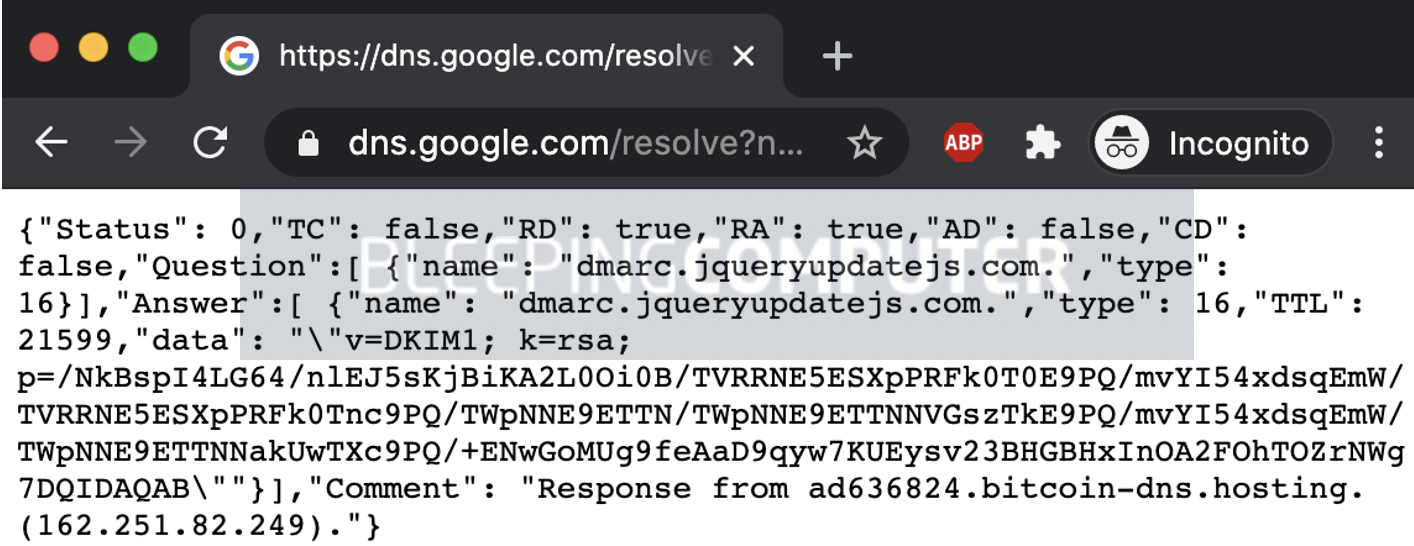 Resposta do Google DNS sobre HTTPS com um codificado 