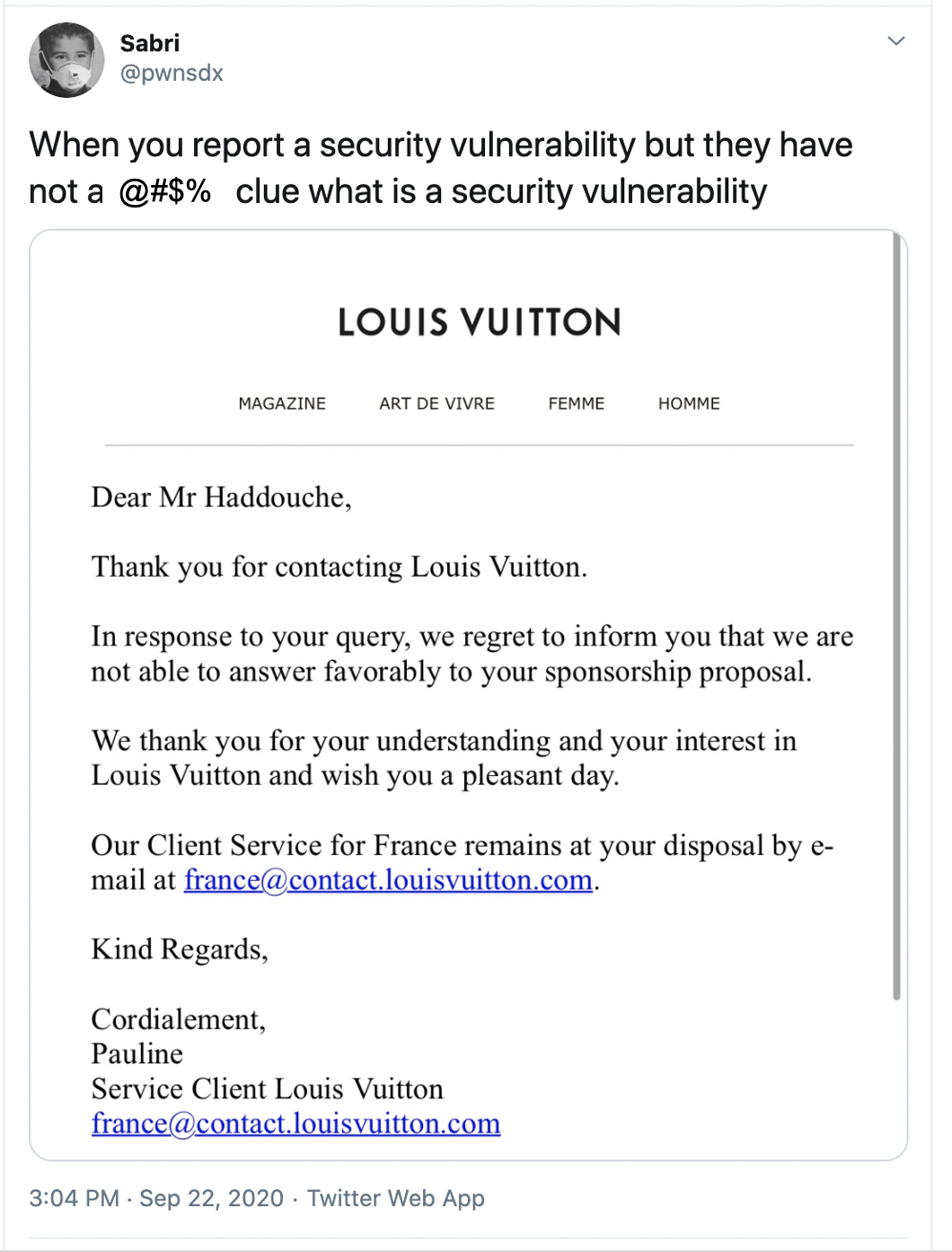 Rapport de vulnérabilité de Sabri Louis Vuitton