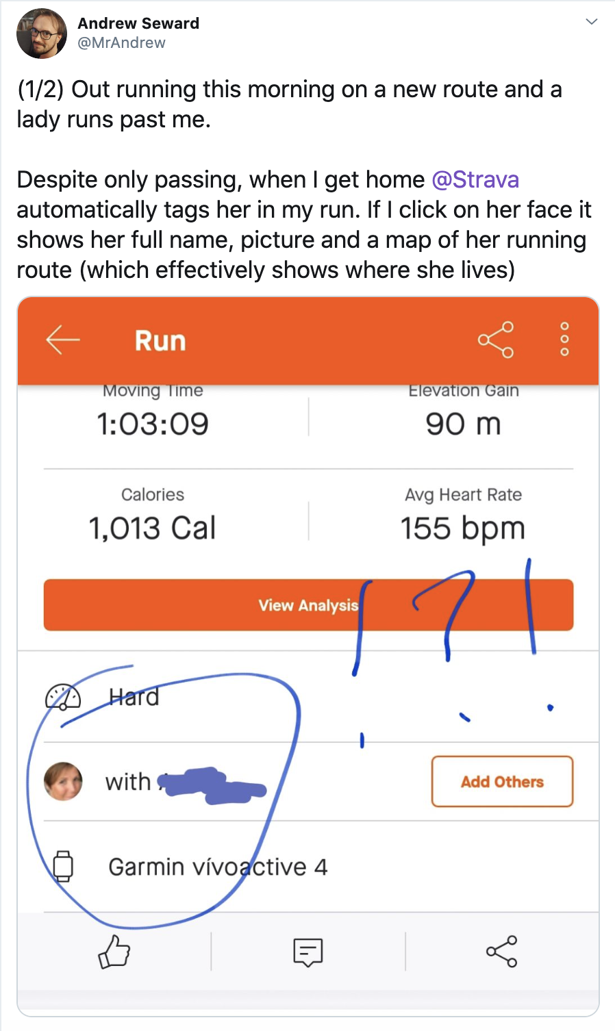 Seward noticed his Strava app disclosed information on nearby runners