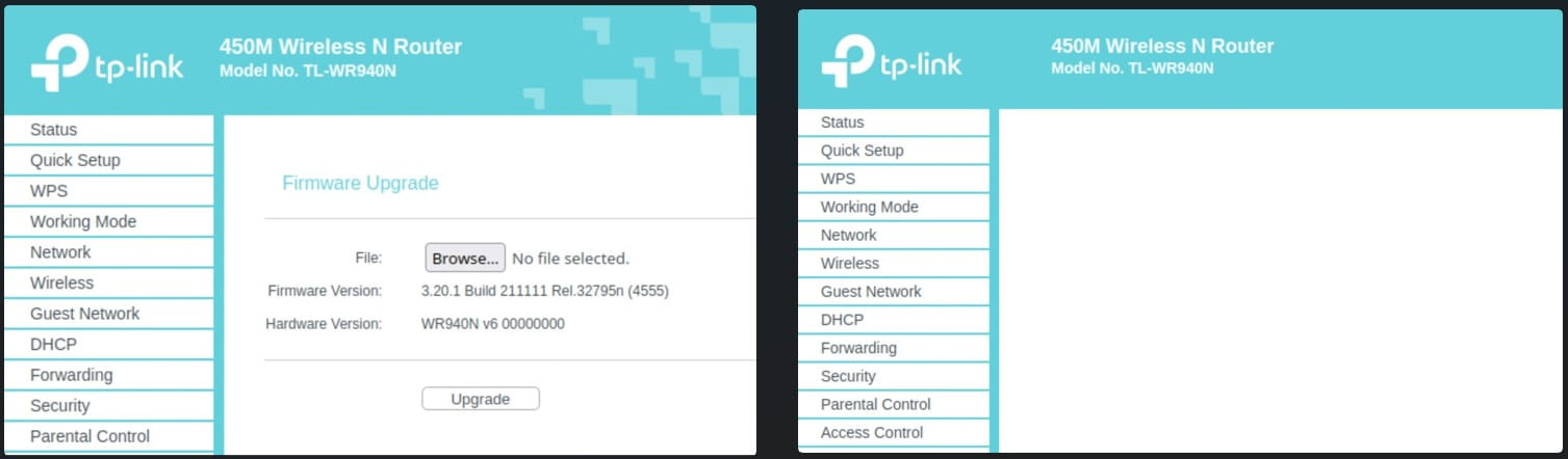 Regular (left) and Trojan (right) firmware preventing firmware updates