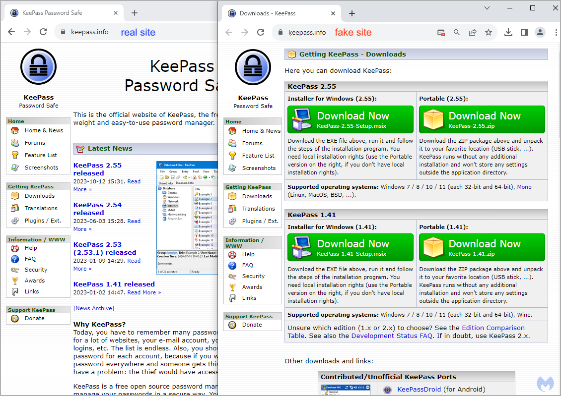 Real (left) and fake (right) sites