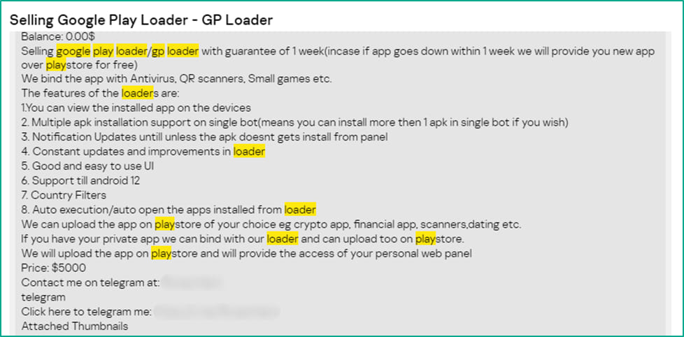 Google Play Loader announcement on the dark web