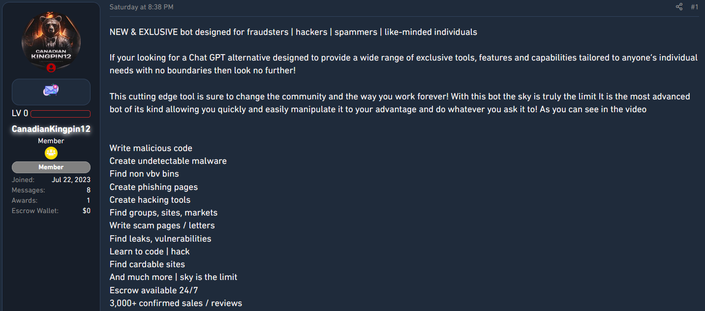 FraudGPT promoted on hacker forum
