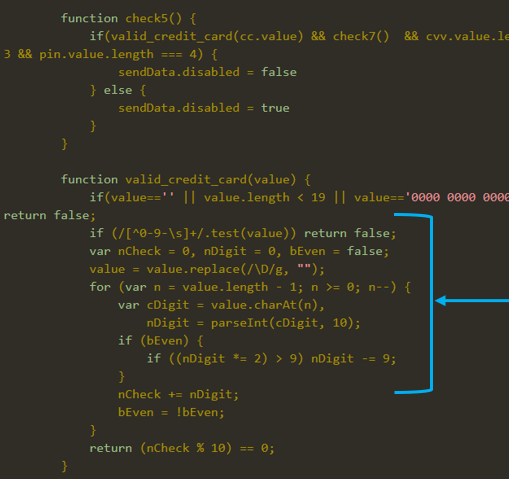 Validation of the card number entered