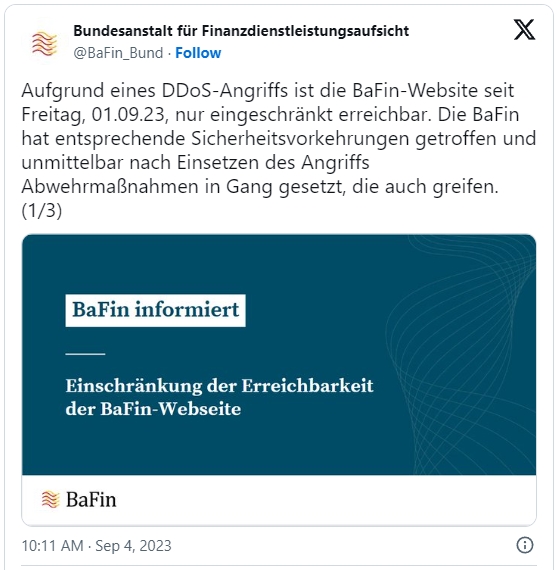 German financial agency site disrupted by DDoS attack since Friday