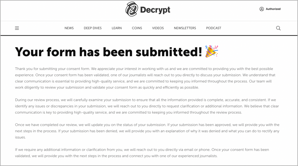 Fake Decrypt page hosting an interview form