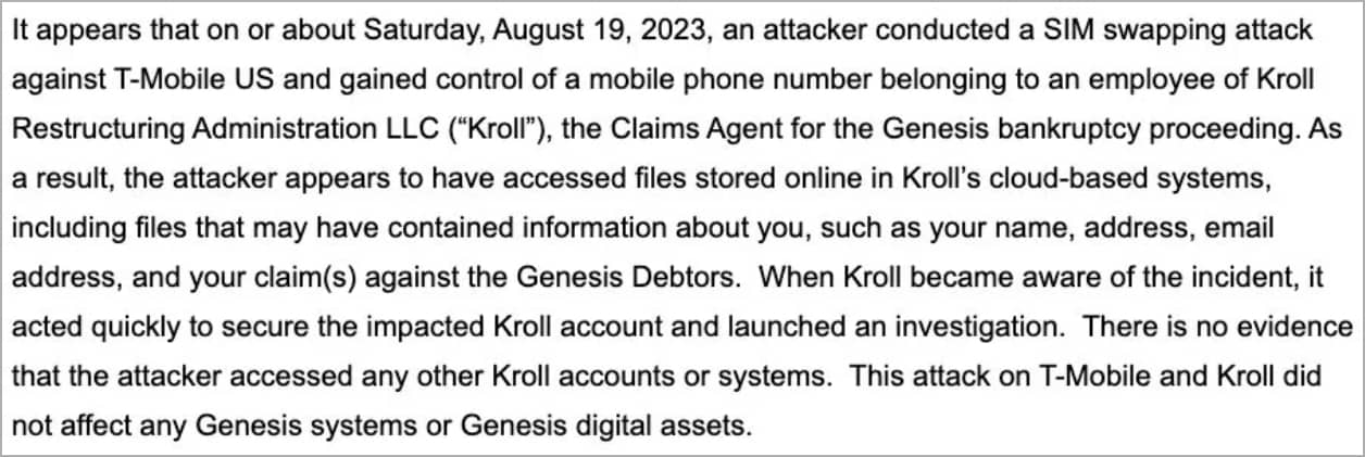 Kroll data breach exposes info of FTX, BlockFi, Genesis creditors 4 Excerpt of the Genesis notice
