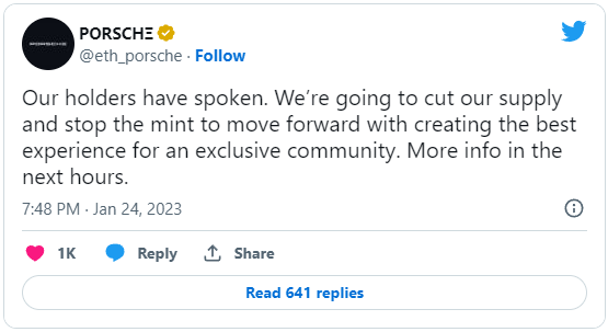 Porsche announcing the abrupt end of the NFT collection rollout