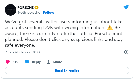 Porsche warning its followers about rampant scams