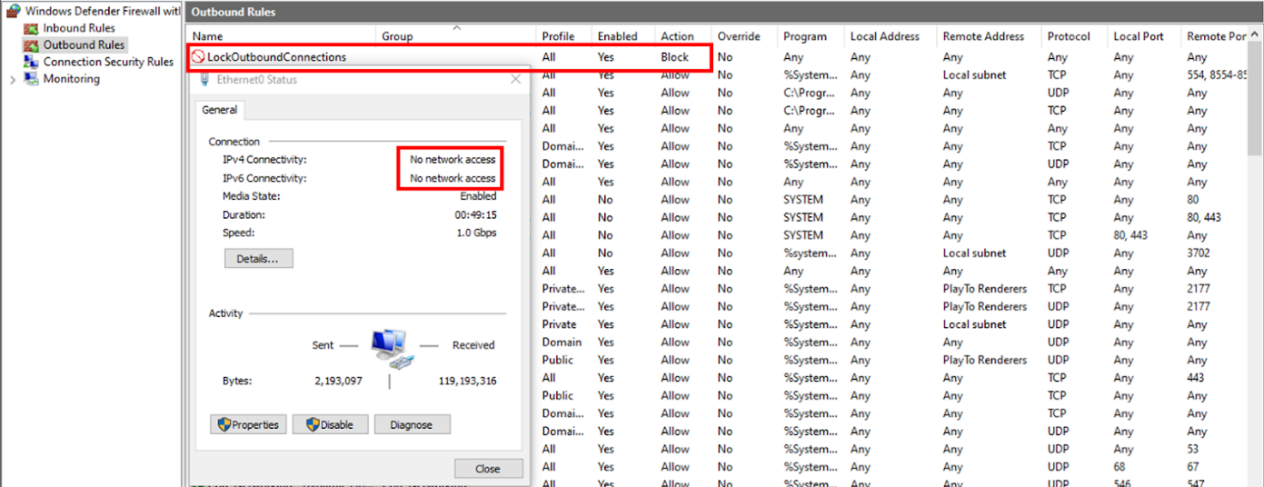 Added a firewall rule to block all outgoing traffic