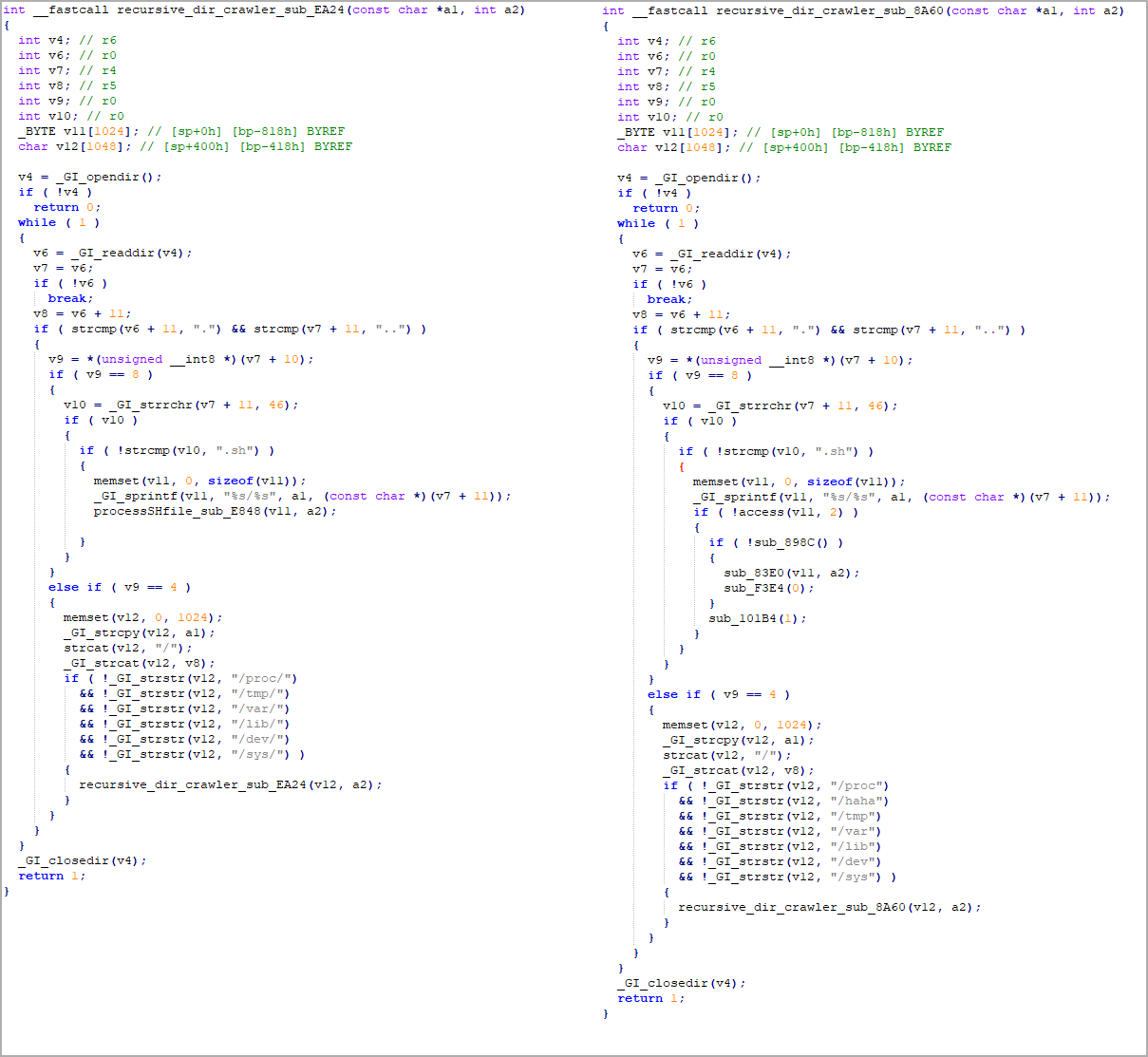 Code Mozi d'origine (à gauche) et charge utile du kill switch (à droite)