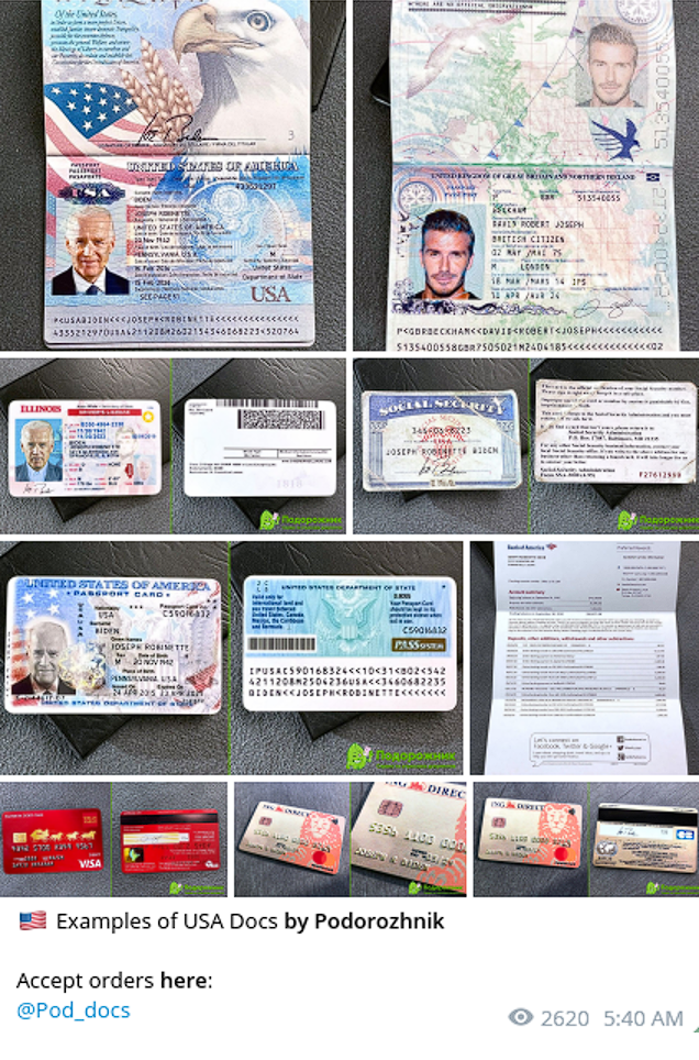 Phony ID samples showcased on Telegram