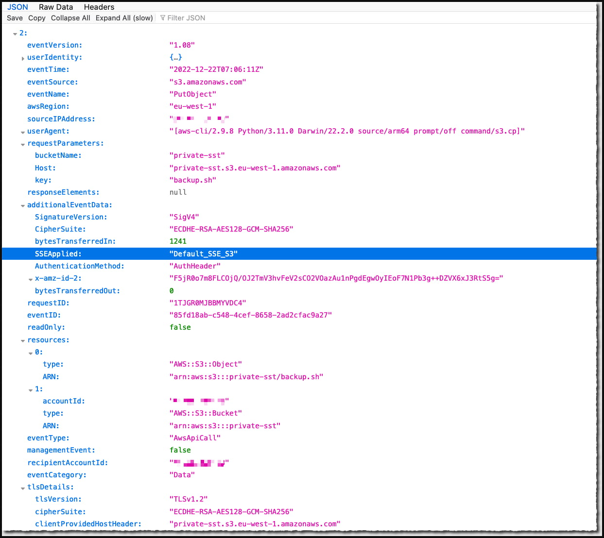 Data event log containing encryption validation field