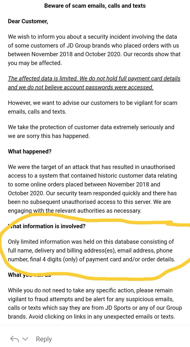 Notice JD Sports sent to impacted customers