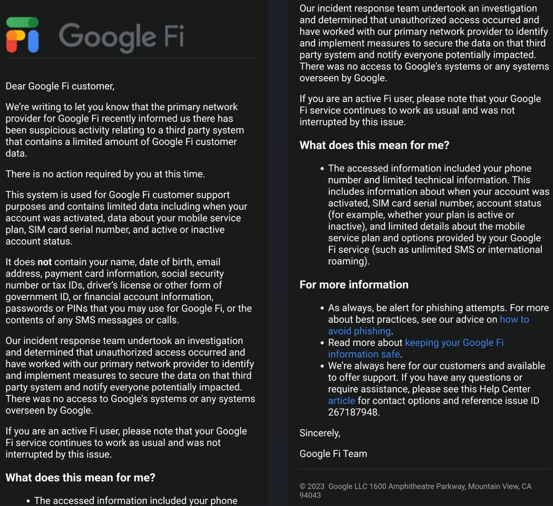 Muestra del aviso de Google Fi a los clientes